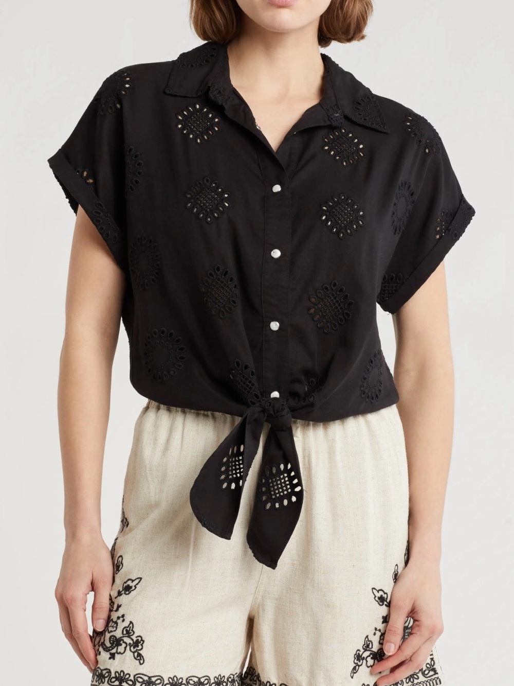 Elie Tahari Embroidered Eyelet Short Sleeve Tie Front Black Top